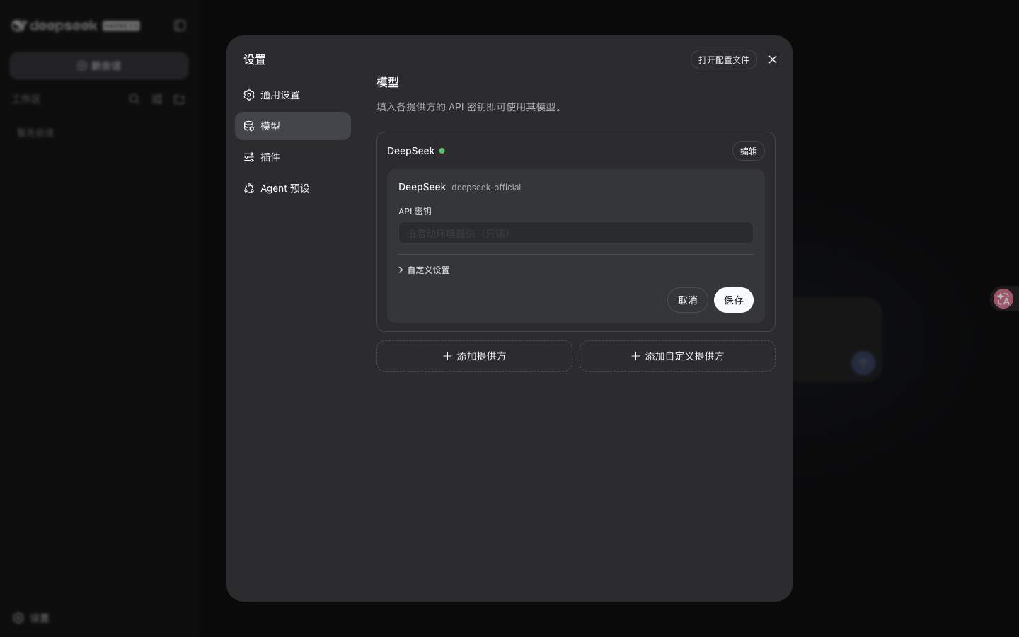 模型设置的凭据编辑区，API 密钥以掩码显示，并可自定义 API 地址、查看内置模型列表。